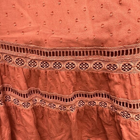 Anthropologie Burnt Orange Lace Swiss Dot Tiered Puff-Sleeve Mini Dress Sz XSP - Picture 3 of 7